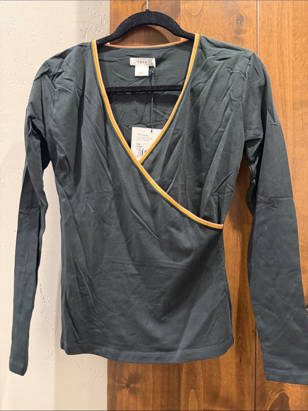 Wrap-Front Long Sleeve Top with Yellow Trim
